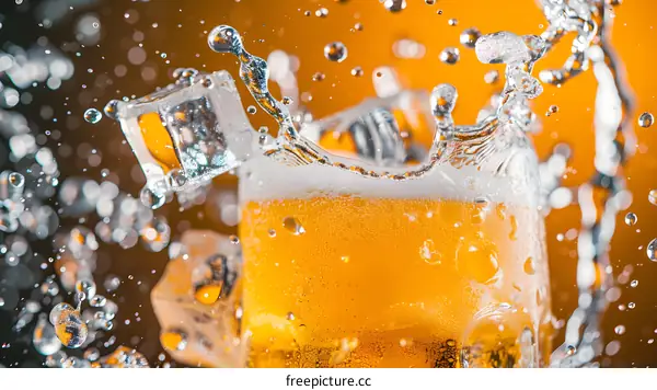 Closeup of a Glass of Beer with Ice Cubes and Water Droplets