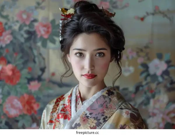 Portrait of Asian Woman in Traditional Japanese Kimono
