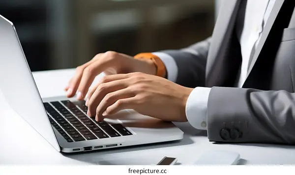 A businessman is typing on his laptop while sitting at his desk