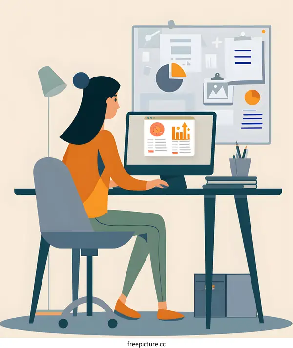 Woman Working on Computer with Data Analysis and Charts