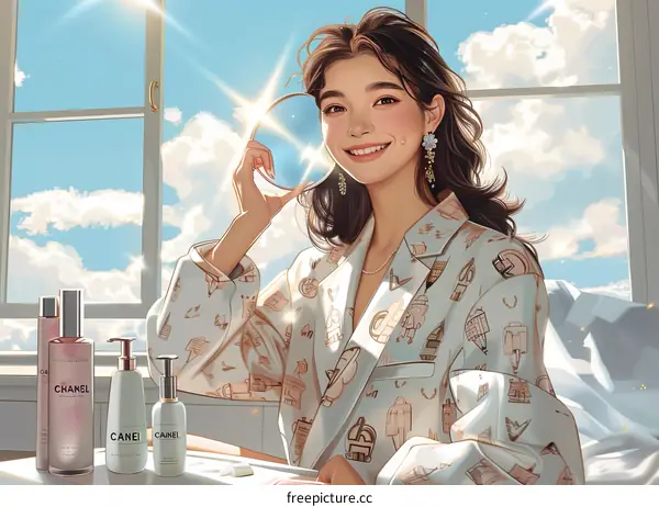 Ethereal Asian Woman Applying Makeup in Soft Window Light