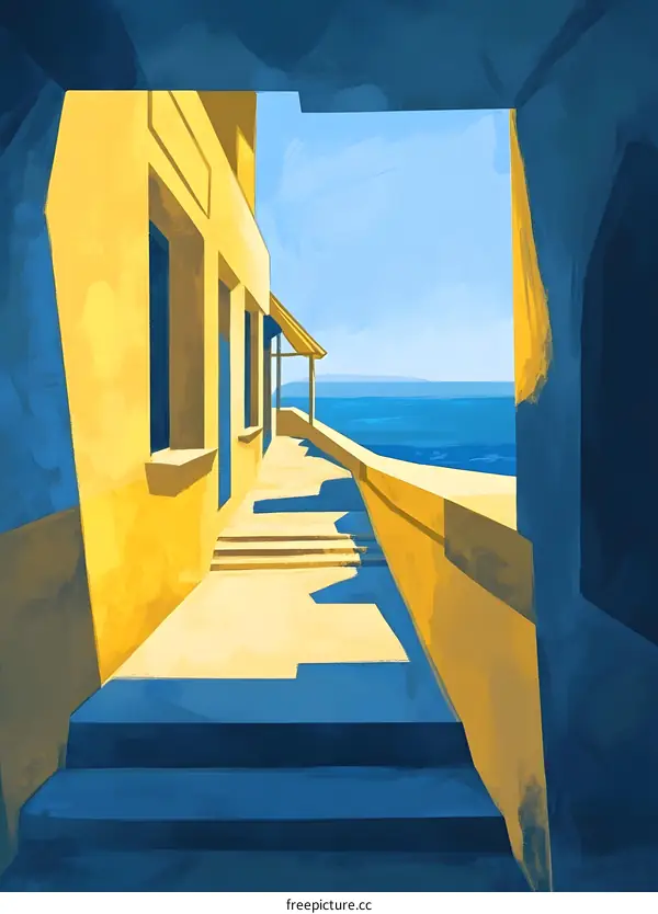 Yellow Building with Stairs Leading to Sea View