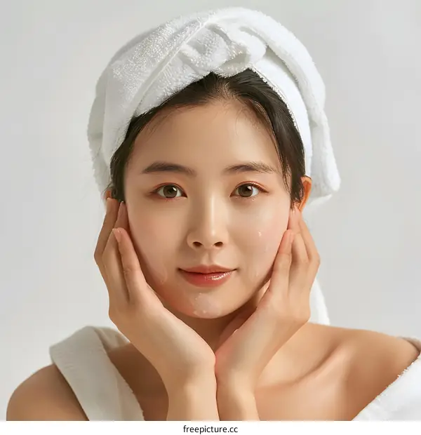 Asian Woman with Towel on Her Head Applying Face Cream