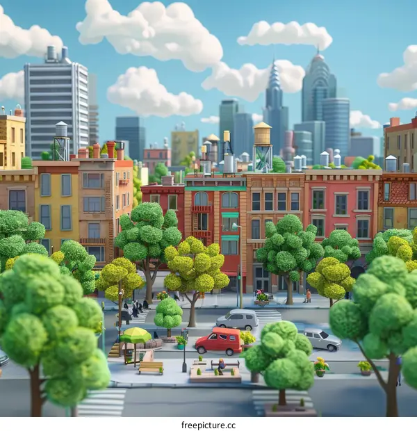Cartoon City Street with Trees and Cars