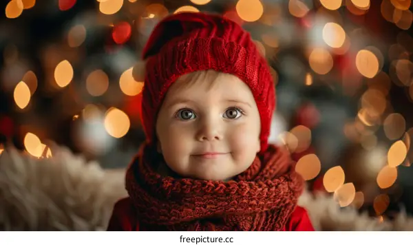 Little girl in red hat and scarf near Christmas tree