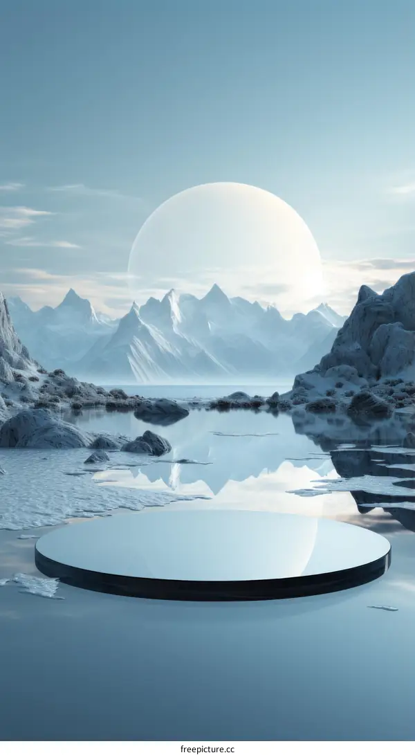 Futuristic landscape with a large moon and a body of water in the foreground