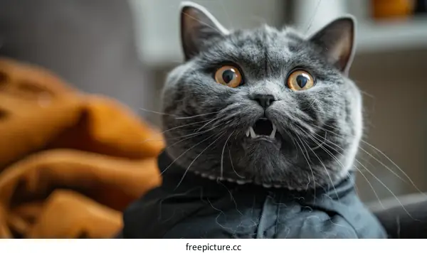 A gray cat wearing a black jacket looks surprised