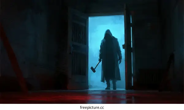 Mysterious Figure with Axe Standing in Dark Corridor Doorway