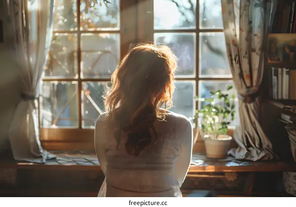 girl sitting on a bench looking out the window