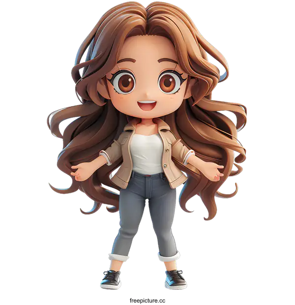 [Transparent Background PNG]Cute 3D Cartoon Girl with Brown Hair and a Big Smile
