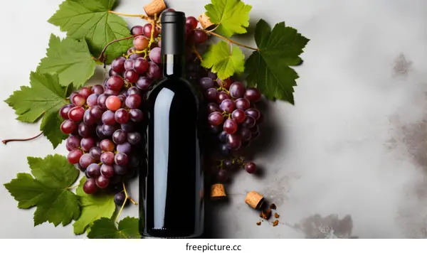 Red Wine Still Life with Grapes and Corks