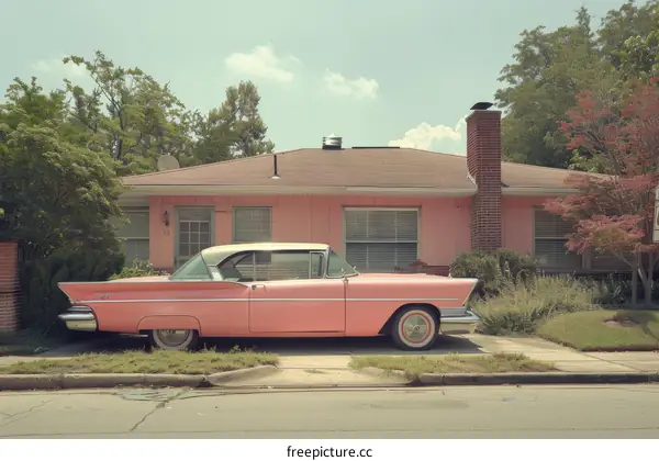 Pink Retro Car Parked on a Residential Street