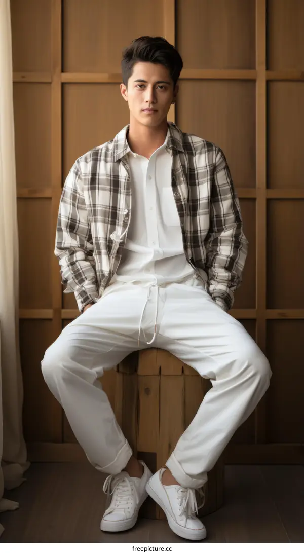 A young Asian man is sitting on a wooden stool against a wooden background
