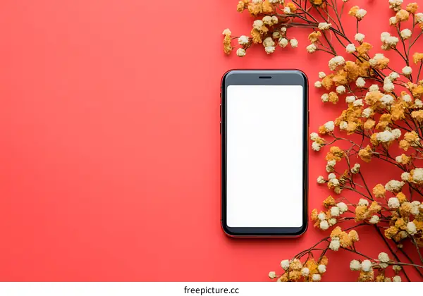 Flat Lay Smartphone Mockup With Flowers on Red Background