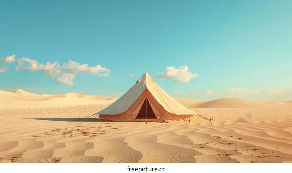 Large tent in the middle of a desert with blue sky and sand dunes