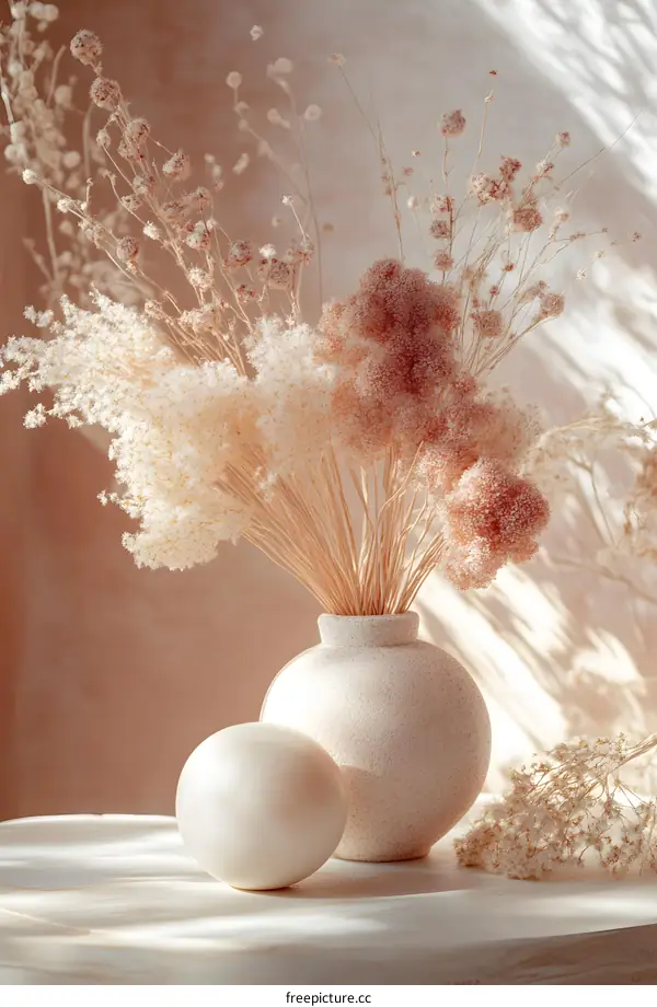 Dried Flowers In A White Vase With A White Sphere On A Wooden Table