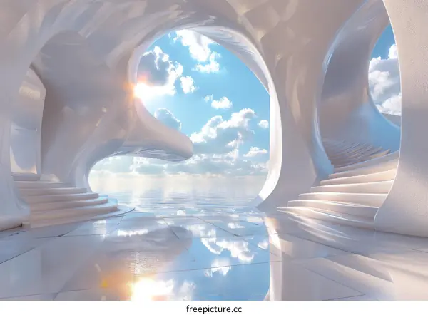 Futuristic White Building with Ocean Views and Staircase