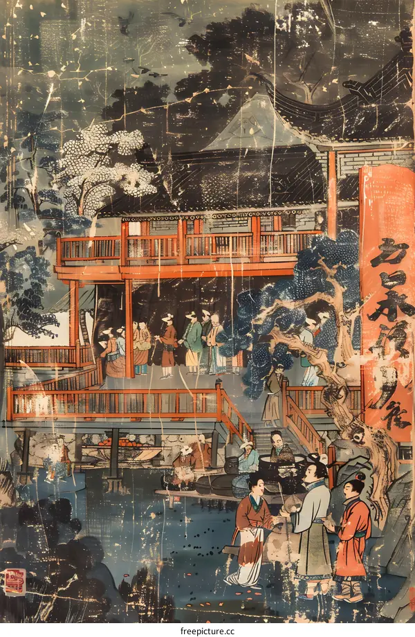 Traditional Japanese Art Illustration of People Gathering in a Garden