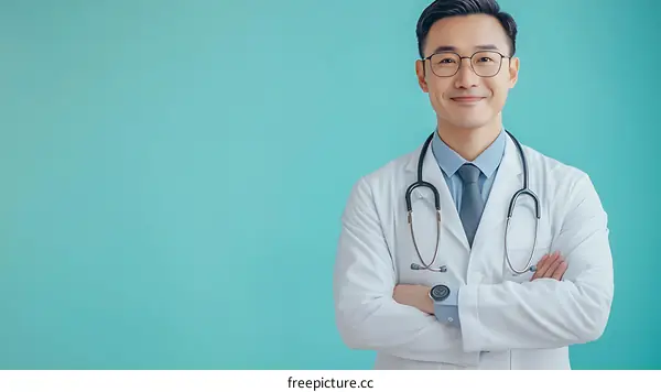 Asian male doctor portrait against a teal background
