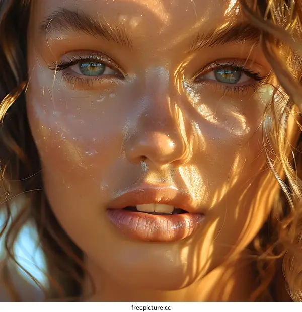 Close Up Of Woman With Blue Eyes And Sun Rays On Her Face