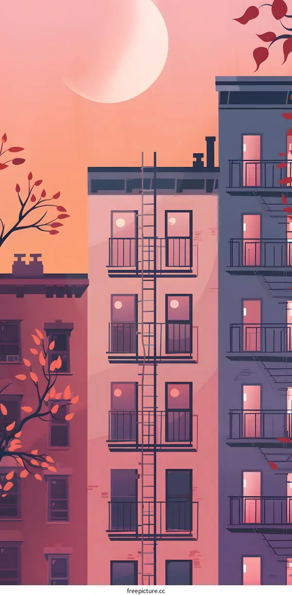 Minimalist Illustration of Apartments with Fire Escapes and Trees