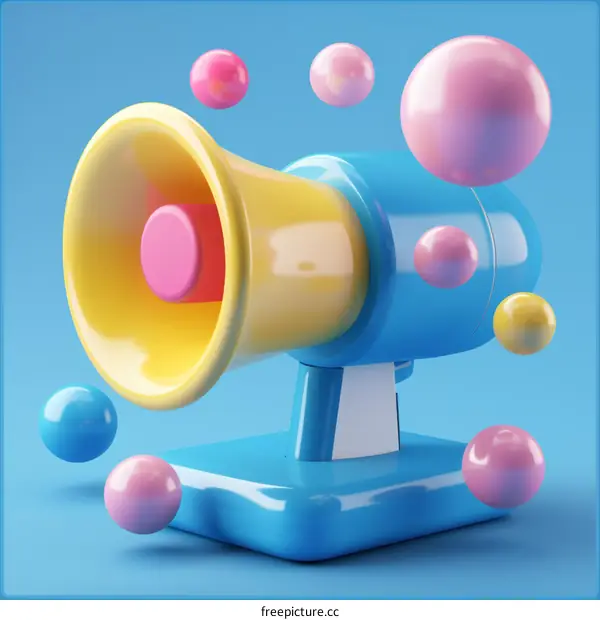 Bright Geometric Spheres on Blue Background with Pop Art Megaphone