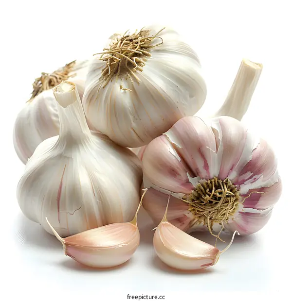 Three bulbs of white garlic with loose cloves isolated on white background