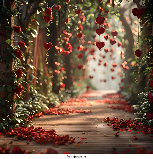 Red heart-shaped flowers hanging from green vines in a lush green forest with a wooden walkway