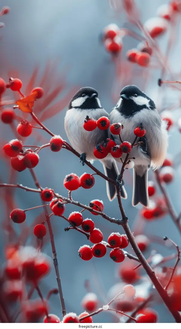 Two birds on a branch with red berries