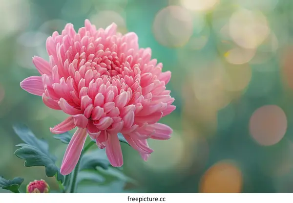 Light pink flower with yellow center and green leaves on a blurred background