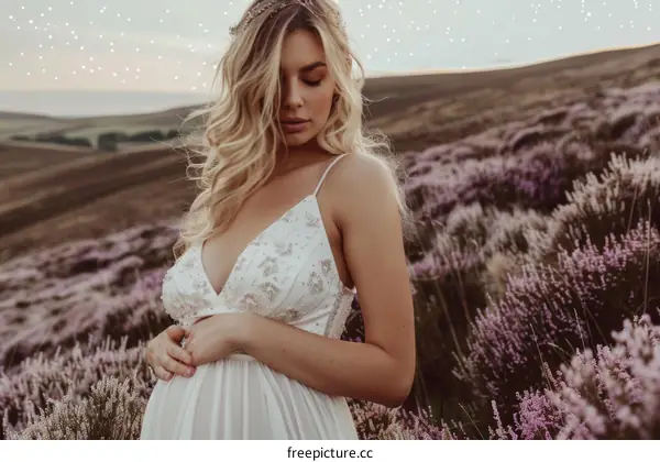 Stunning pregnant woman wearing a white dress standing in a lavender field