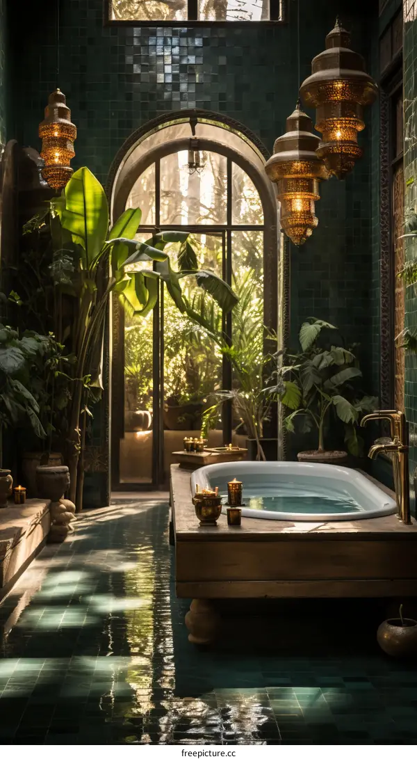 Bathroom with plants and a bathtub