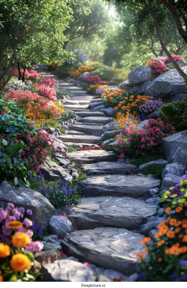 Blooming Flowers Along a Garden Path