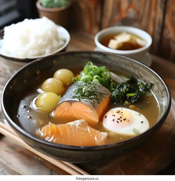 A delicious and healthy meal of salmon, potatoes, and spinach in a flavorful broth.