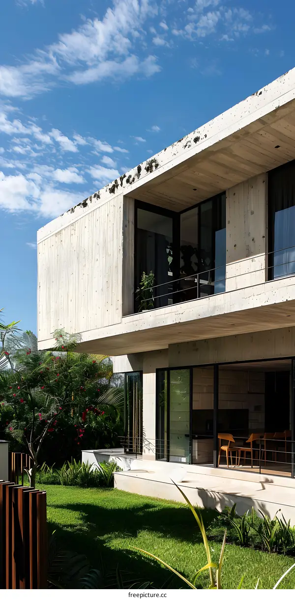 Modern Concrete House with Green Lawn and Blue Sky