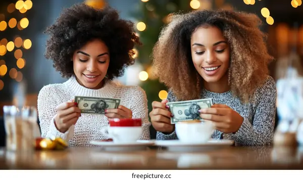 Two Black Women Exchanging Money in a Cafe