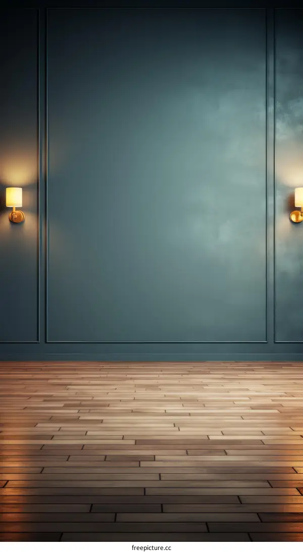 Minimalist Blue Room with Wall Lamps and Wooden Floor