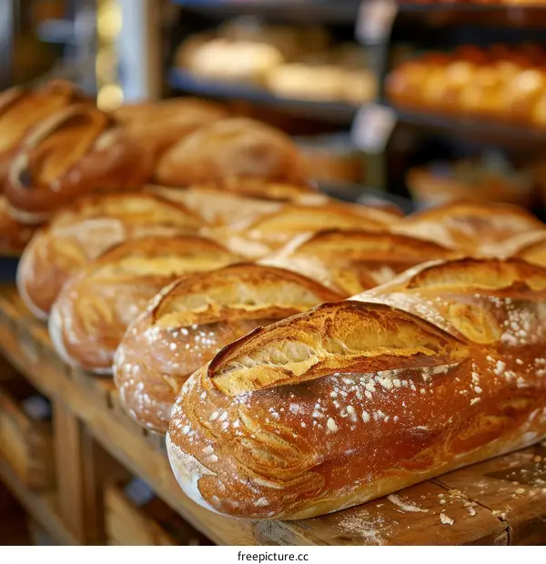 Loaf of bread on a wooden shelf in a bakery