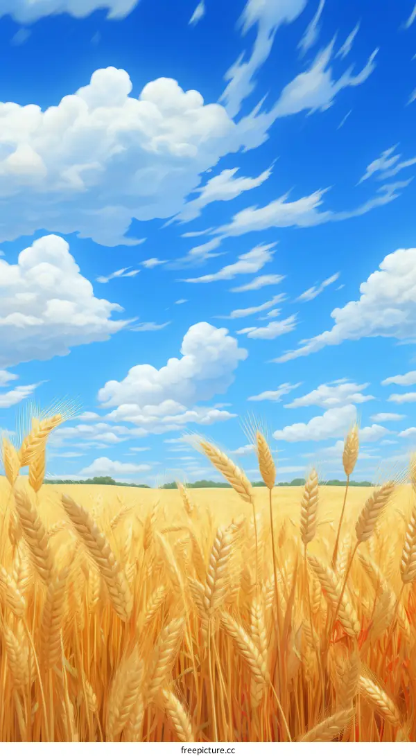Golden Wheat Field under Blue Sky and White Clouds
