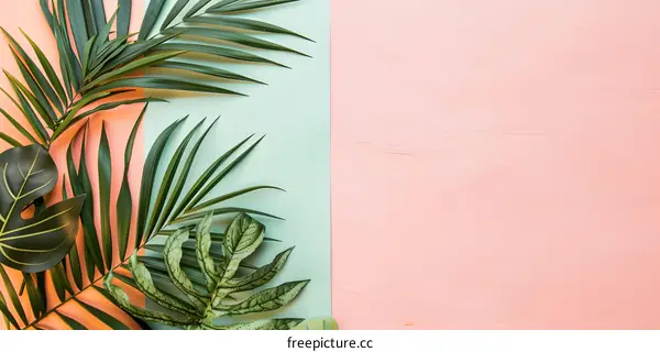 Tropical Leaves on a Pink and Green Background