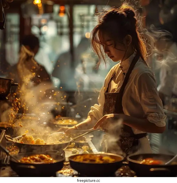 Chinese Chef Stir-Frying in a Restaurant Kitchen