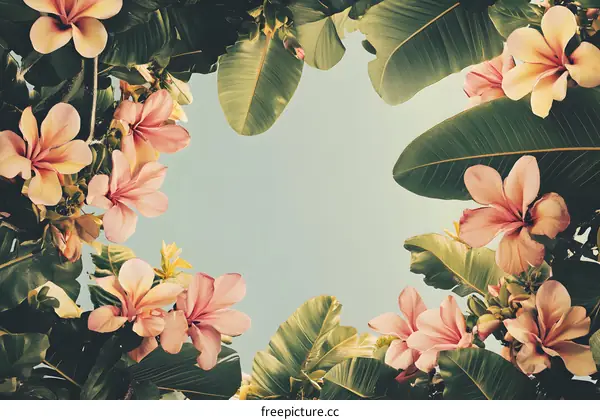 Tropical Flower Background with Pink Flowers and Green Leaves
