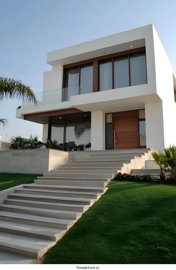 Modern White House with Stone Stairs and Green Lawn