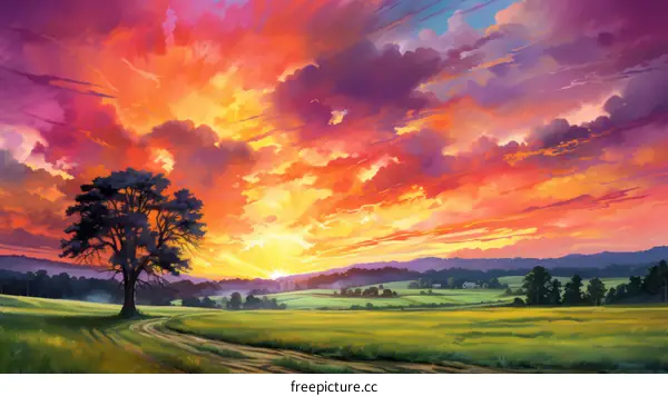 Vibrant sunset over rolling green hills and a lonely tree in the foreground