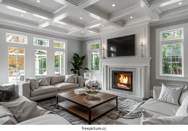 Luxurious Living Room with Inviting Fireplace and Cozy Vibes