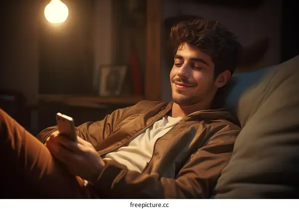 Young man smiling and looking at phone on couch in dim room