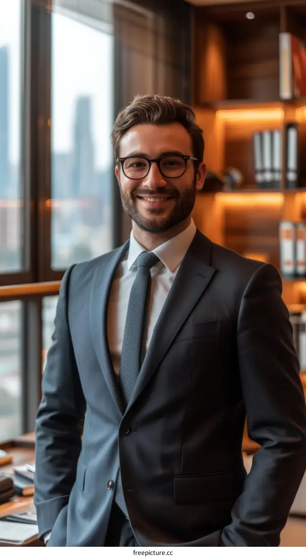 A young male professional wearing a suit and tie smiles in an office setting