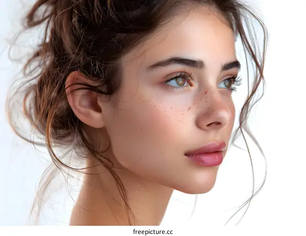 portrait of a beautiful young woman with freckles on her face