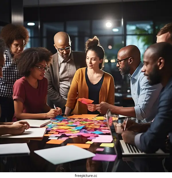 A group of people of color brainstorming ideas in a modern office using sticky notes.