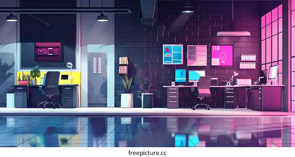Modern Office Interior Design with Neon Lights